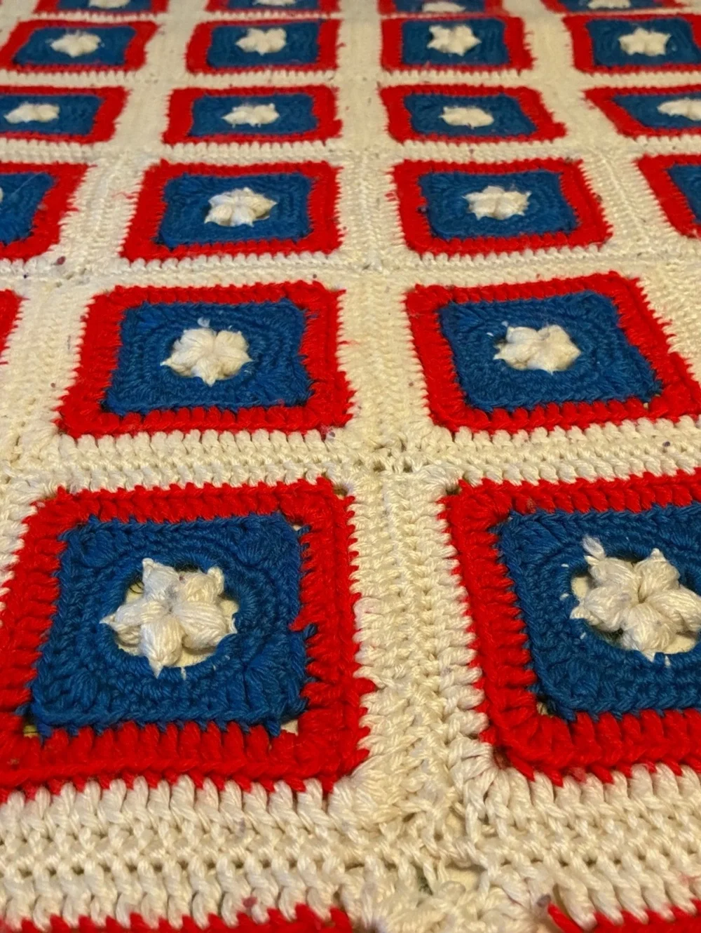 Handmade Crochet Afghan Blanket with Red,white,blue Squares